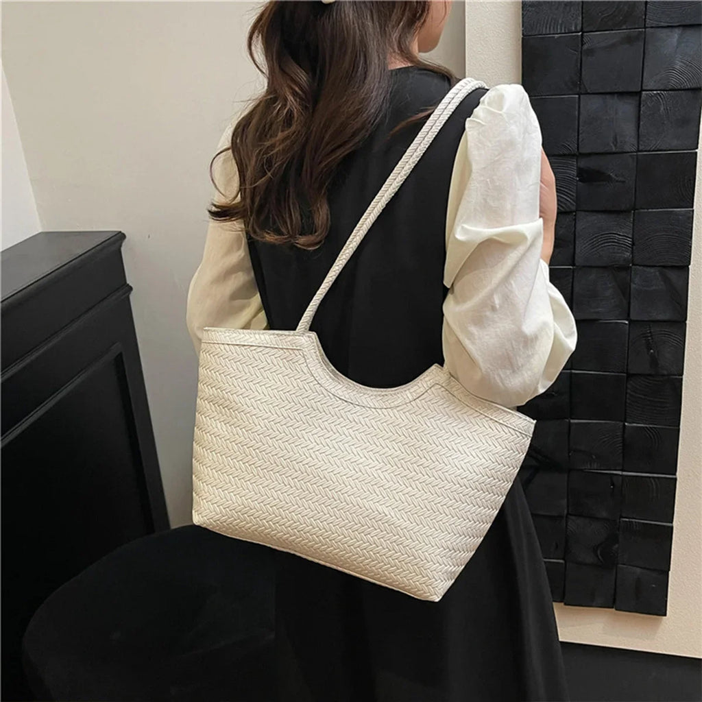 Women's Fashion Handbag Textured Weave Shiny Surface Spacious PU Material Wear Proof Zipper Closure Comfort Strap