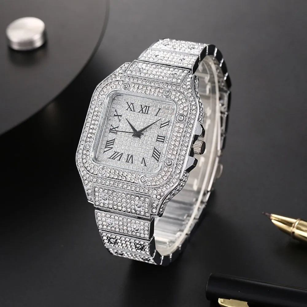 Luxury Men's Business Watches Steel Strap Square Roman Scale Rhinestone Quartz Watch Lesiure Male Wristwatch Relogio Masculino