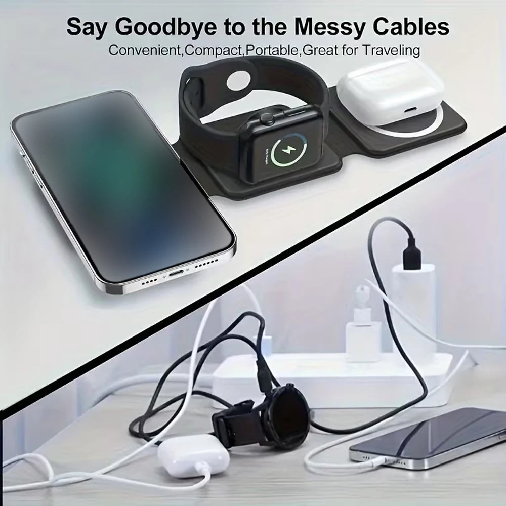 3 in 1 Wireless Charging Station for Apple MagSafe Charger, Foldable Magnetic Travel Charger for iPhone Apple Watch AirPods Pro
