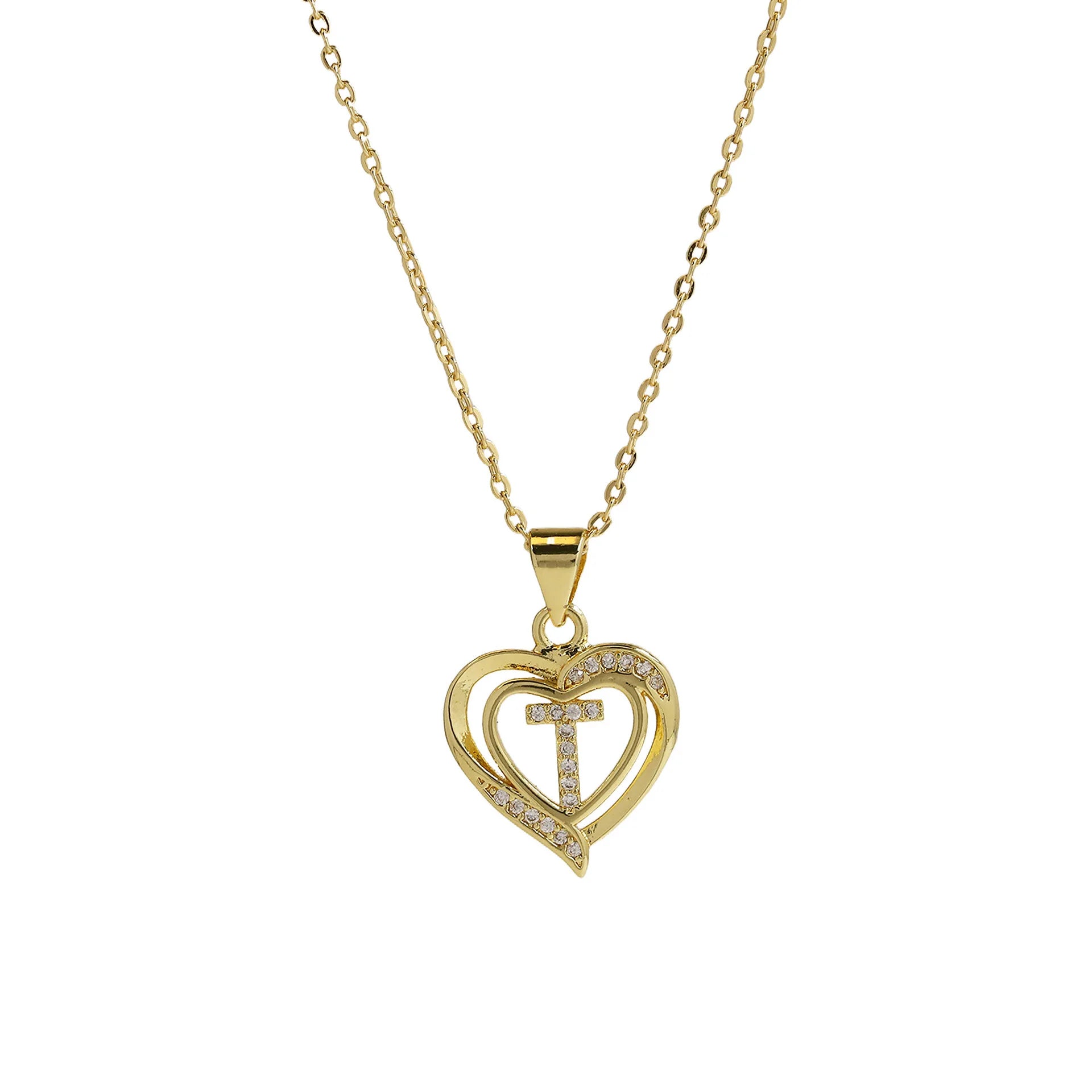 A-Z English Letter Initial Necklace Gold Color Plated Necklace Micro Setting Zircon Heart Necklace for Women