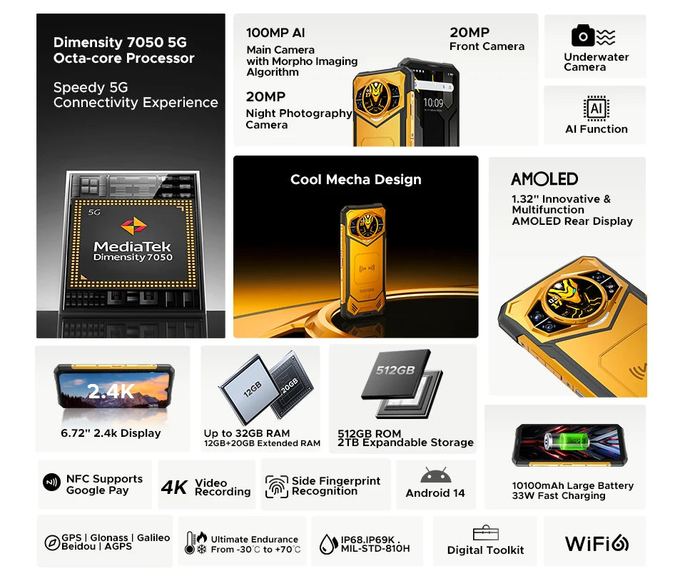 【Brand+】DOOGEE S200 X 5G Rugged Phone 12+512GB Smartphone 6.72” FHD+120Hz IPS screen Dimensity 7050 10100mAh battery 33W