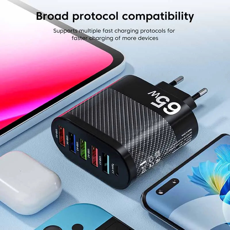 65W USB Charger 6 Ports Fast Charging PD Type C Charger Adpapter For iPhone Xiaomi Huawei Samsung QC 3.0 Fast Charge PD Charger