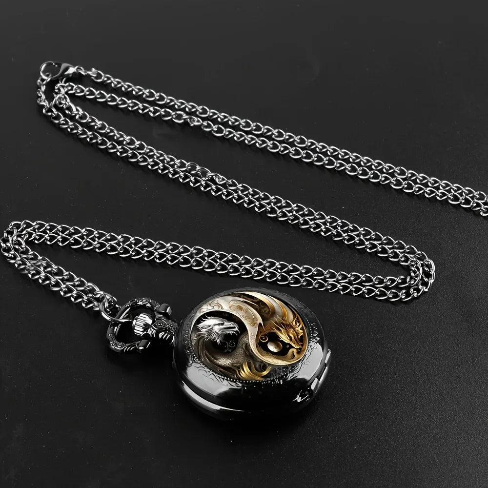 Retro Golden And Silvery Double Dragon Quartz Pocket Watch