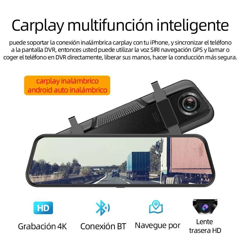 10 Inch 4K Mirror Dash Cam Suppost Wireless Carplay & Android Auto WIFI GPS Navigation Dual Lens Video Recorder Car Dvr