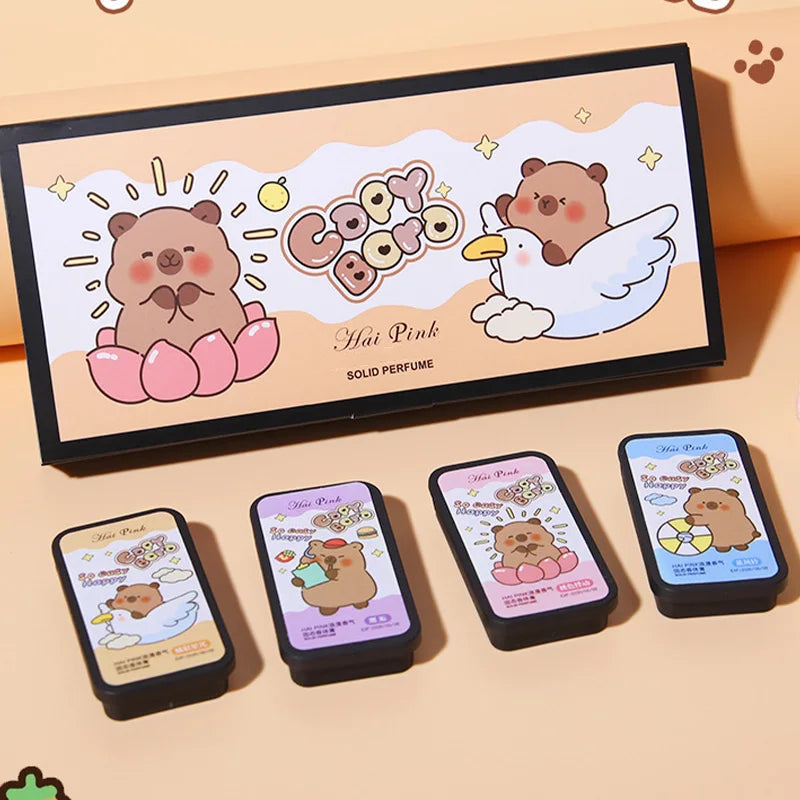 4pcs Capybara Solid Perfume Set,Cute Portable Solid Fragrance Balm,Long Lasting Natural Scent Travel Friendly Body Perfume Gift