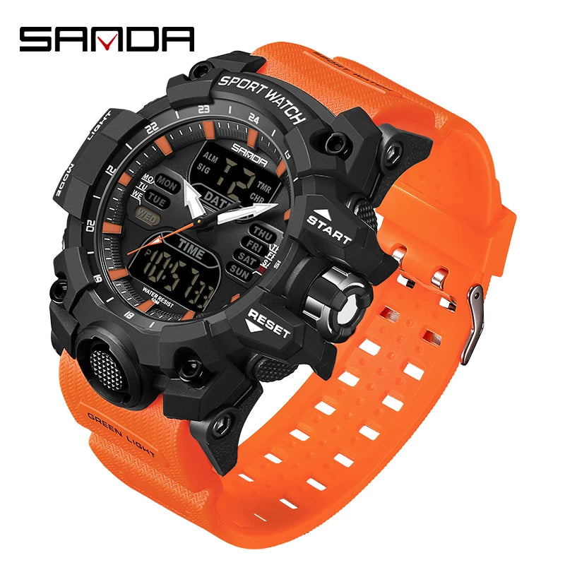 SANDA Dual Display Men Watches Waterproof Sports Watch Military Man Alarm Stopwatch Quartz Wristwatch Male LED Digital Clock6126