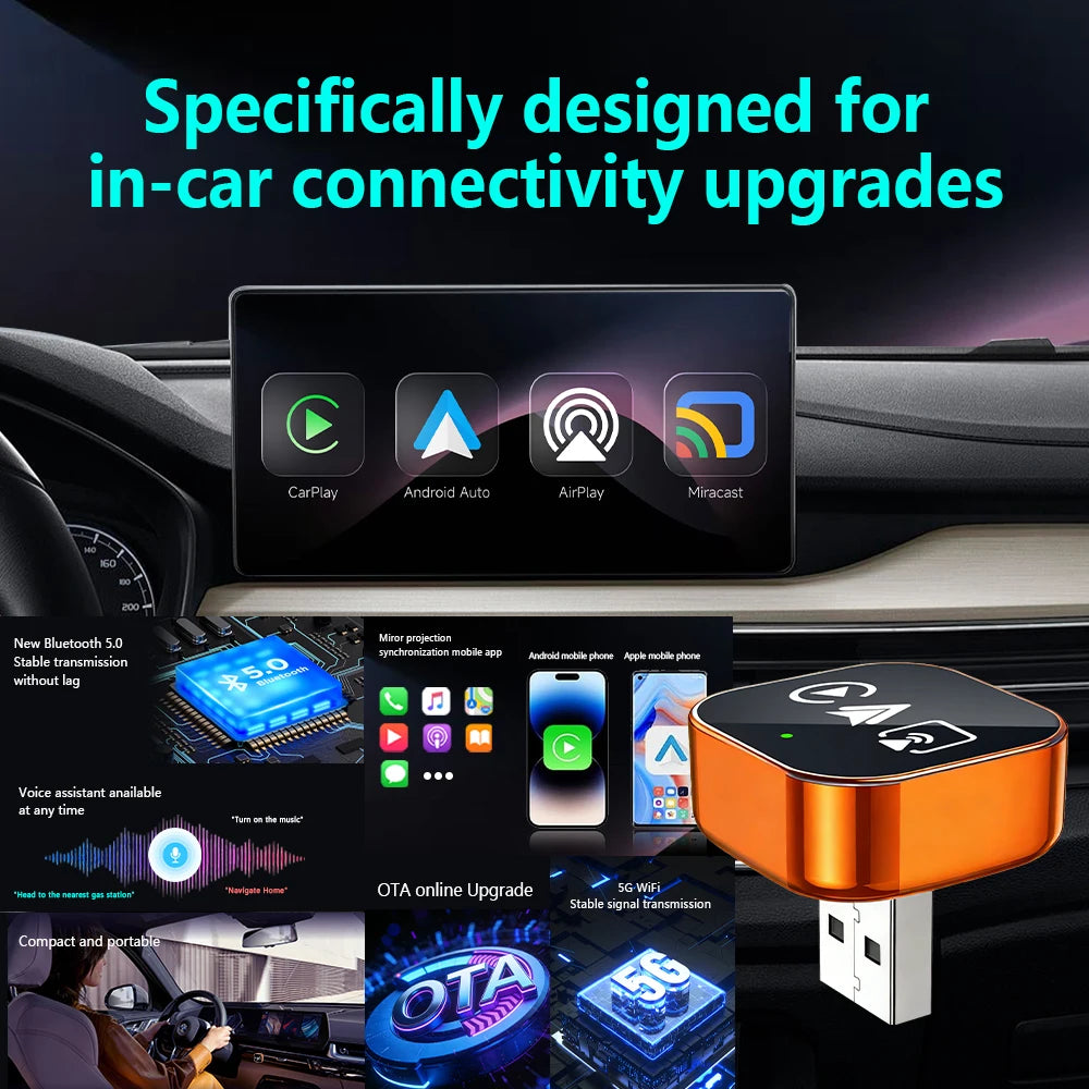 2026 Upgrade 4-in-1 Wired to Wireless CarPlay Android Auto Adapter with Screen Mirroring ios CarPlay/Android Auto/Mirroring