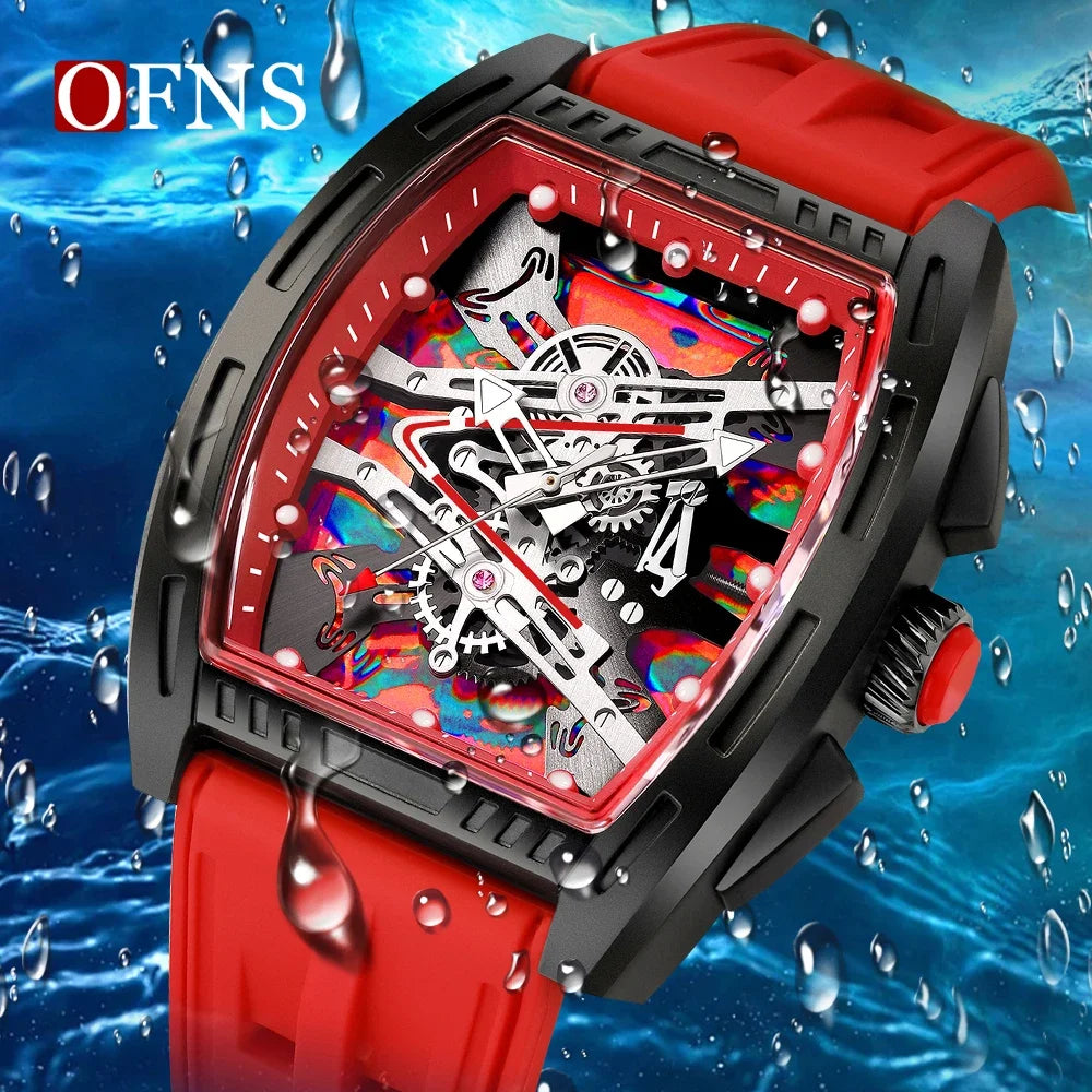 OFNS1209 Luxury Men Quartz Watch Silicone Strap Hollow Watches Mens Waterproof Sports Wristwatches Relogio Masculino