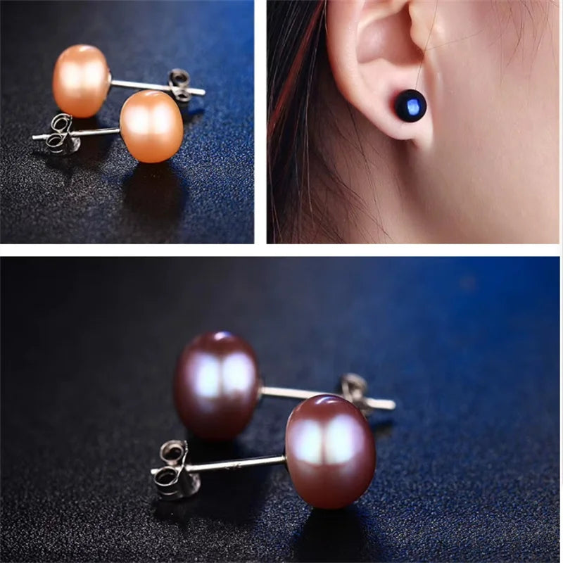 Senlissi- Genuine Fresh Water Pearl Stud Earrings For Women 8 MM White Pink Pearls 925 Sterling Silver 18K Female Party Jewelry