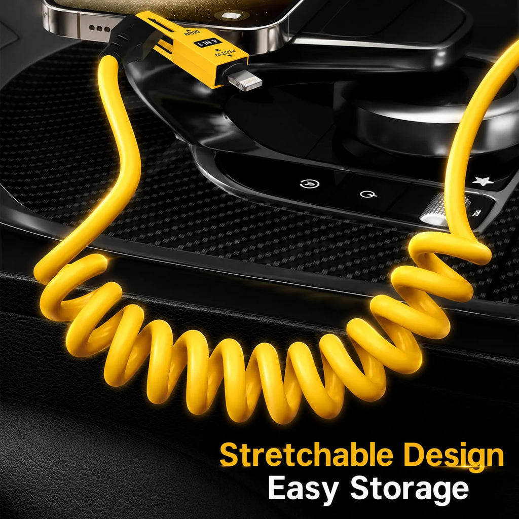 65W 4 in 1 Coiled USB C Car Fast Charging Cable, Type C iP Data Cable, Zinc Alloy Spring Cable for iPhone Samsung Xiaomi 1.5M