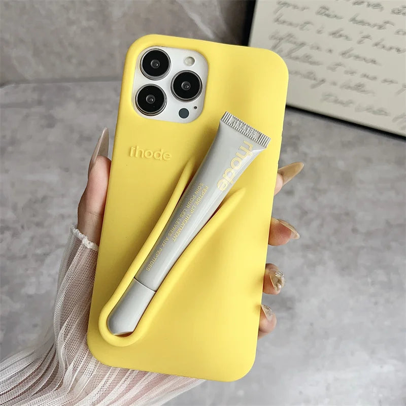 For iPhone 16 12 13 14 15 11 Pro Max Plus 17 Fashion Rhode Phone Case Gray Toast Espresso Ribbon Lip Gloss Holder Silicone Cover