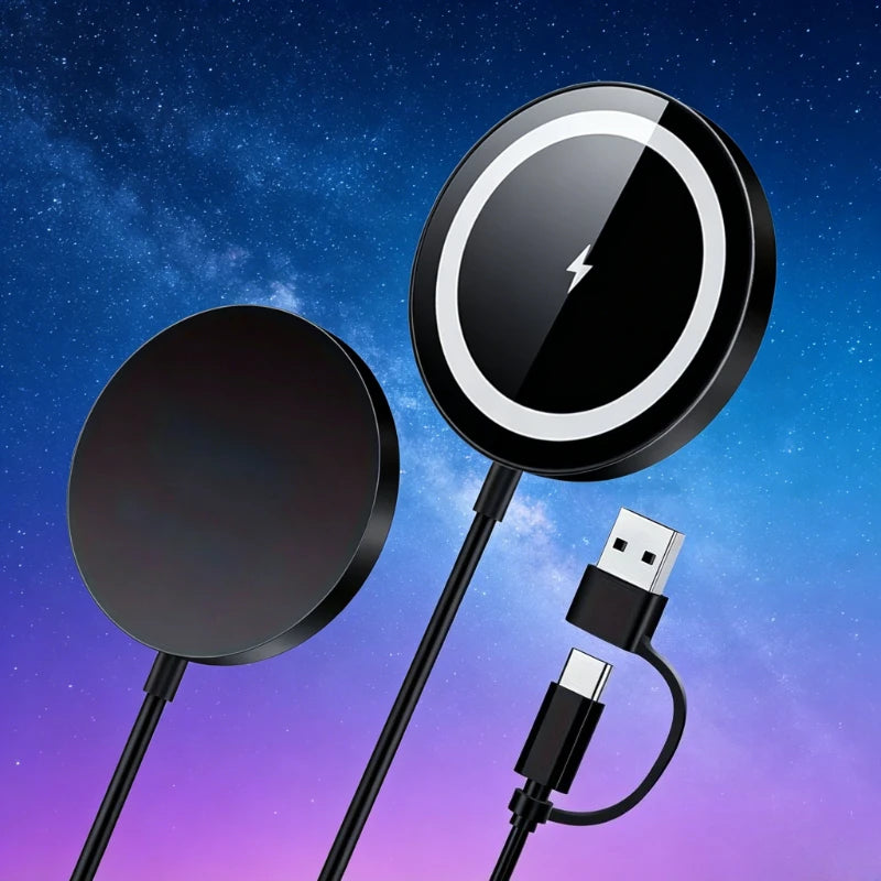 2 In 1 Magnetic Wireless Charger Pad With USB C Cable LED Light Fast Charging For iPhone 17 Samsung S26 Android Phone Accessory