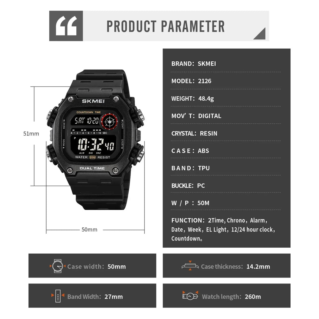 SKMEI 2126 Alarm montre homme Back Light Dightal Countdown Sport Watches Mens Fashion 5Bar Waterproof Stopwatch Wristwatch