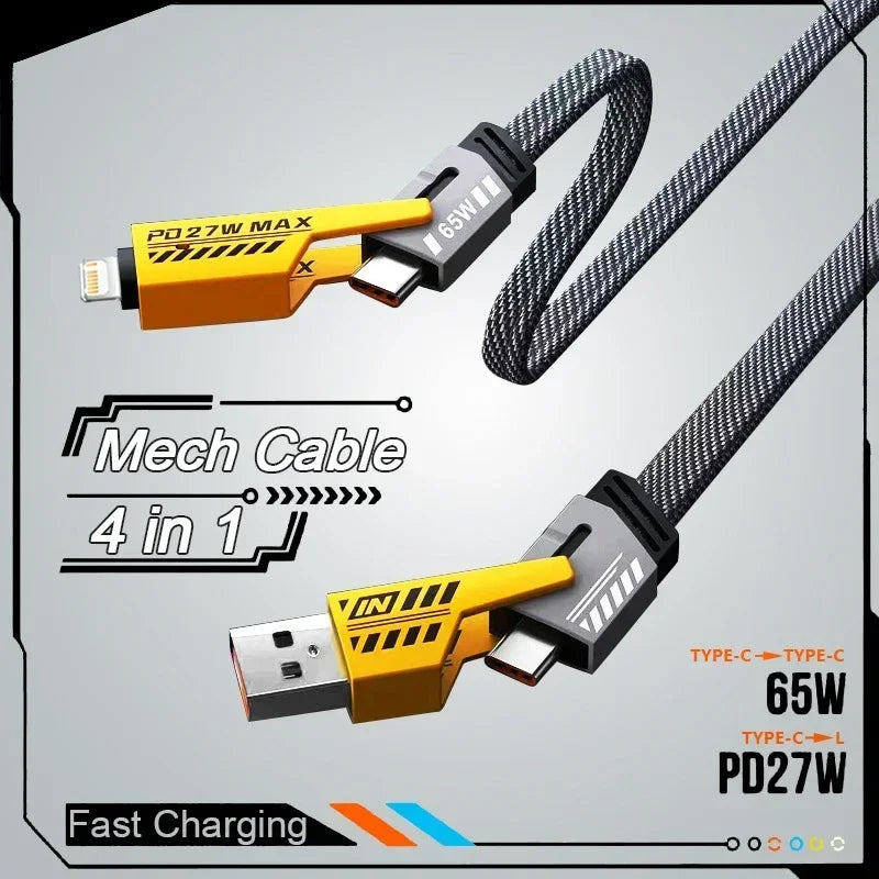 4-in-1 Mecha Fast Charging Cable – 65W USB-C Multi-Port for iPhone, Samsung, Xiaomi & Huawei