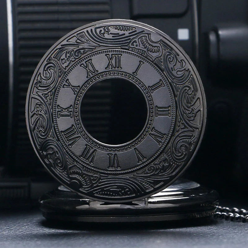 Vintage Charm Black Unisex Fashion Roman Number Quartz Steampunk Pocket Watch Women Man Necklace Pendant with Chain Gifts P427