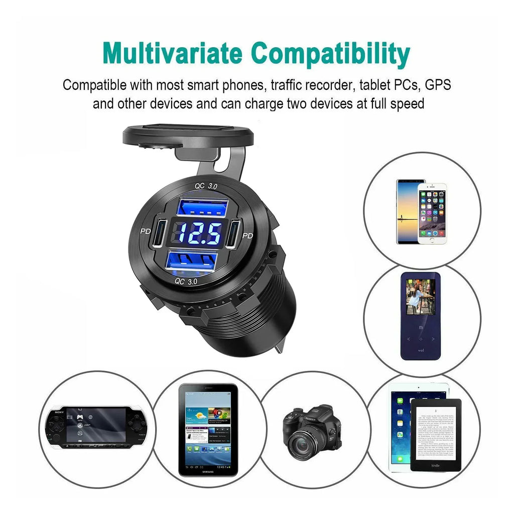 96W Dual PD QC3.0 USB Car Motobike Charger with Voltmeter Socket Power Outlet Adapter Waterproof for 12V/24V Car Boat Truck Moto