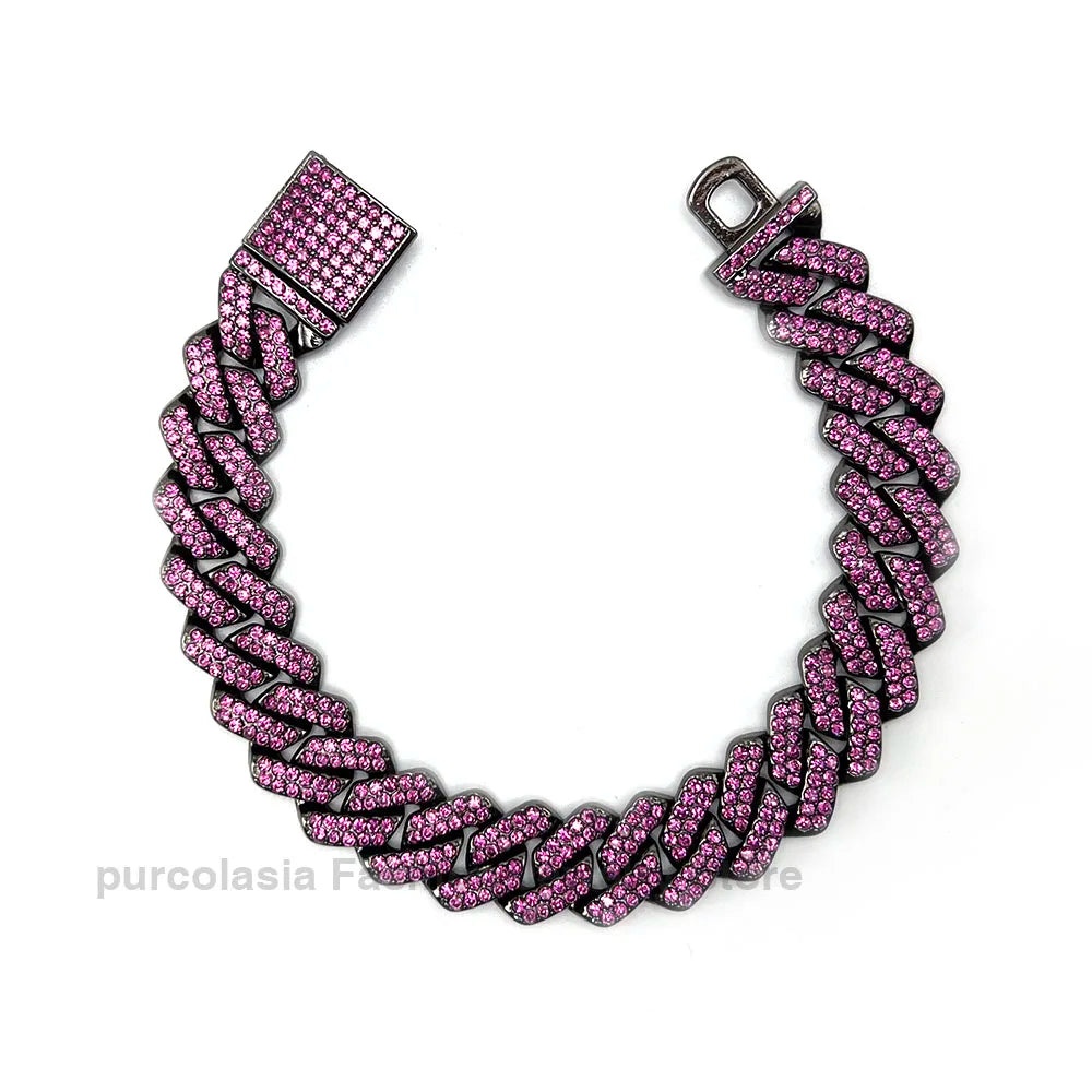 14mm Black Grey Bracelet Hip Hop Men Women Cuban Chain Bling Iced Out Rhinestones Paved Miami Necklace Jewelry