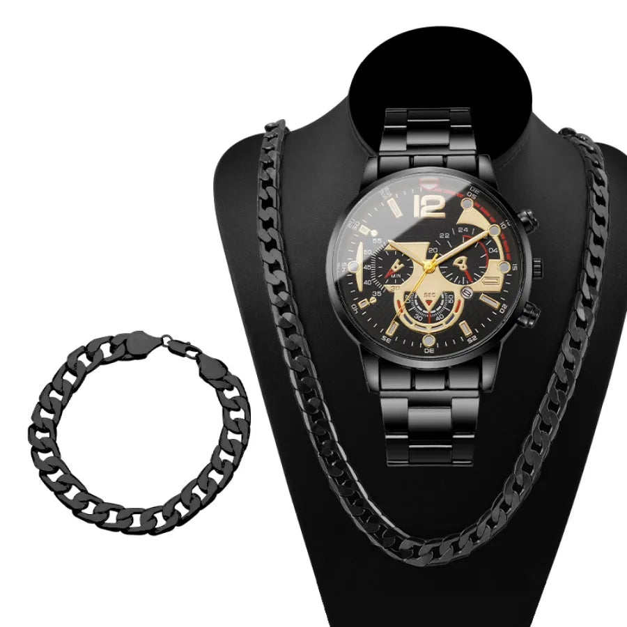 3PCS Fashion Men Business Watches Bracelet Necklace Set Luxury Steel Band Male's Analog Quartz Watch Reloj Hombre（Without Box）