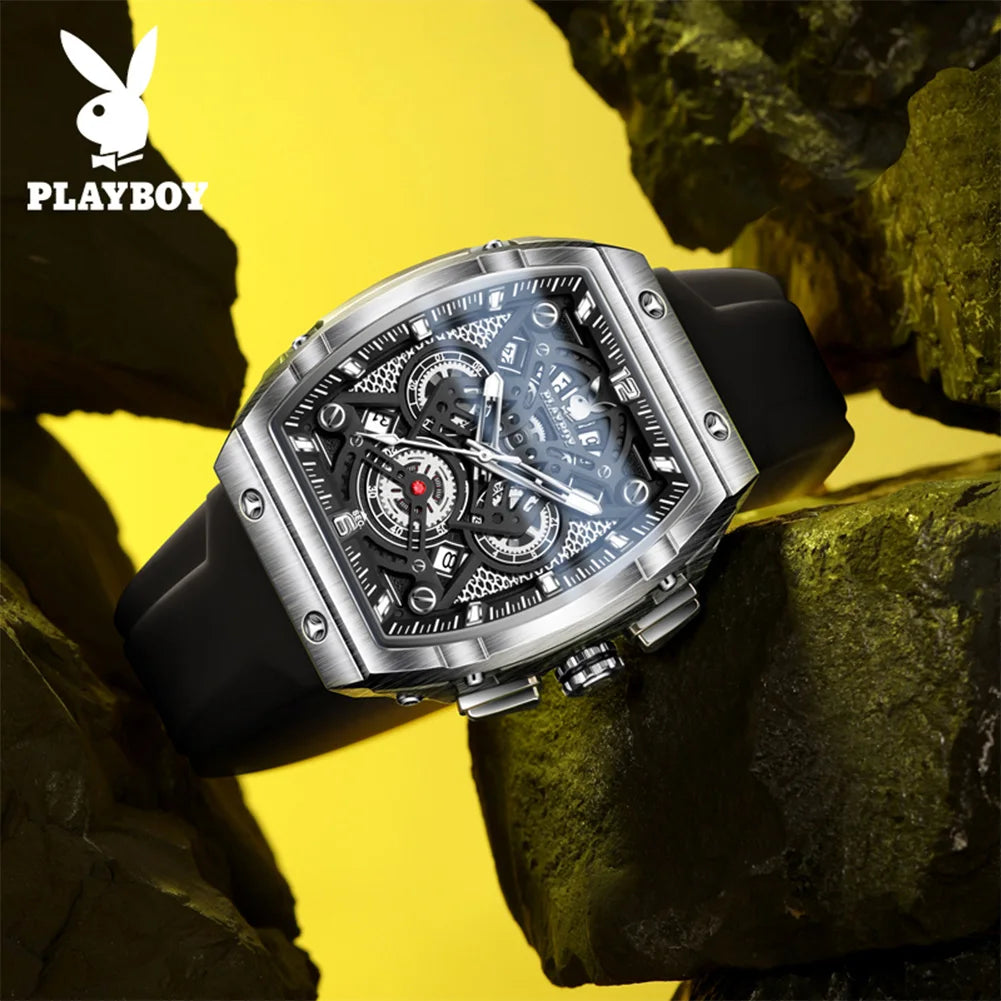 PLAYBOY Watches Man Waterproof Luminous Tonneau Skeleton Quartz Wristwatch Watches For Man Original Business Luxury 3087