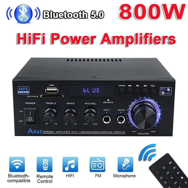 AK45 800W Home Digital Amplifiers Audio Bass Audio Power Bluetooth Amplifier Hifi FM Music Subwoofer Speakers USB SD Mic Input