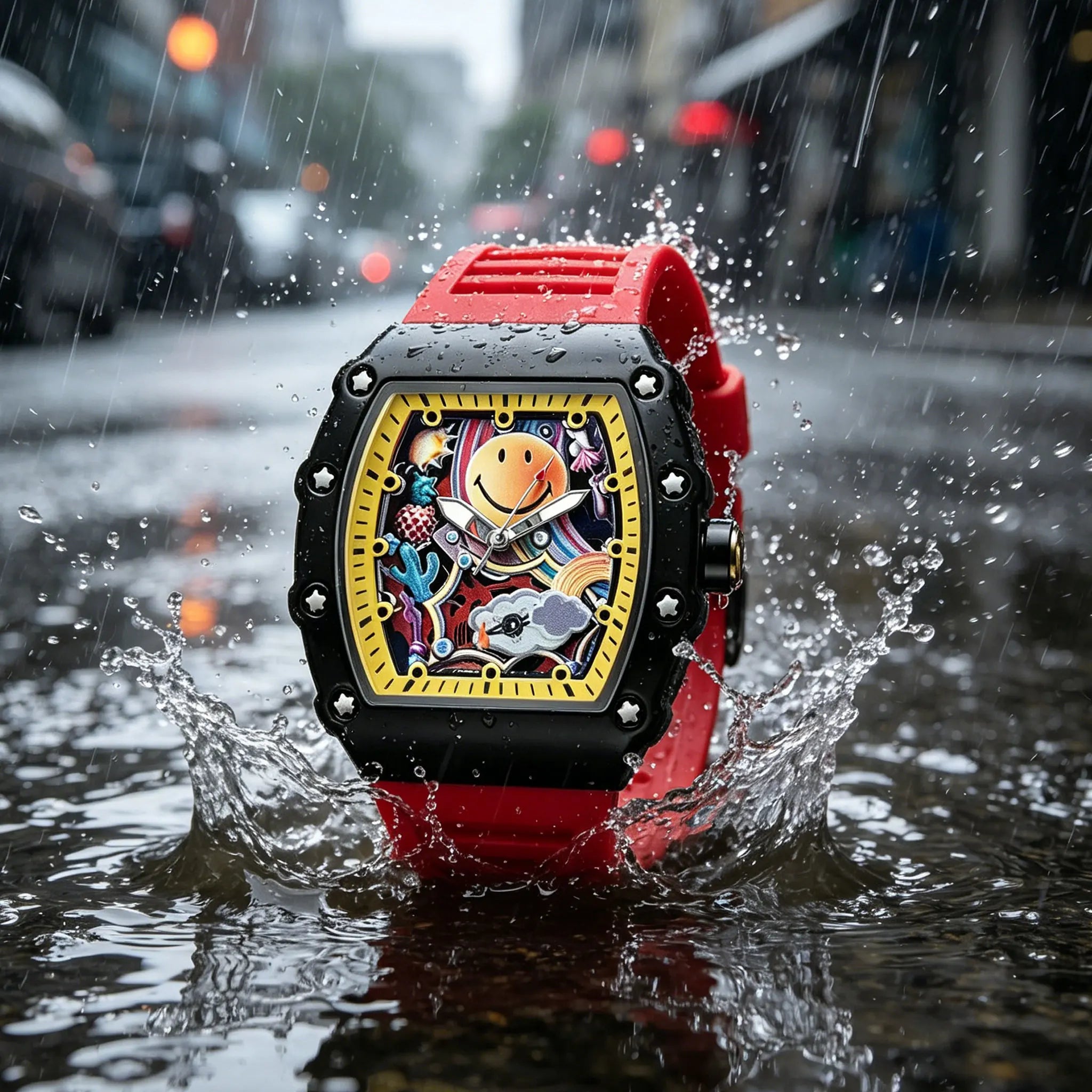 Graffiti Art Smile Face Watch Unique Barrel Shaped Quartz Wristwatch Waterproof Hip Hop Style Silicone Band Clock for Unisex
