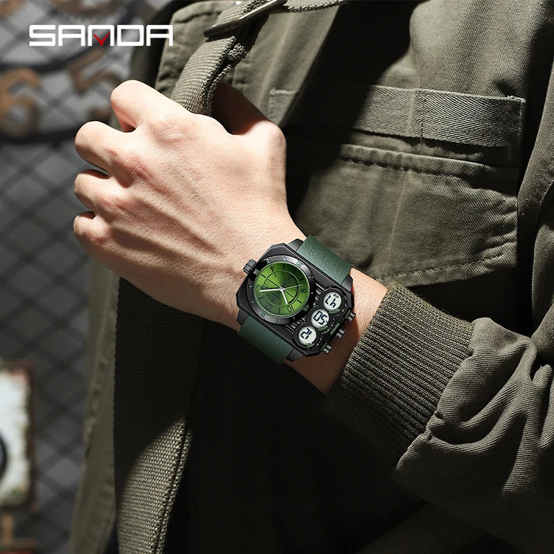 SANDA Fashion Men's Dual Display Electronic Watch Sports Multifunctional Waterproof Night Light LED Men's Electronic Watch 6237
