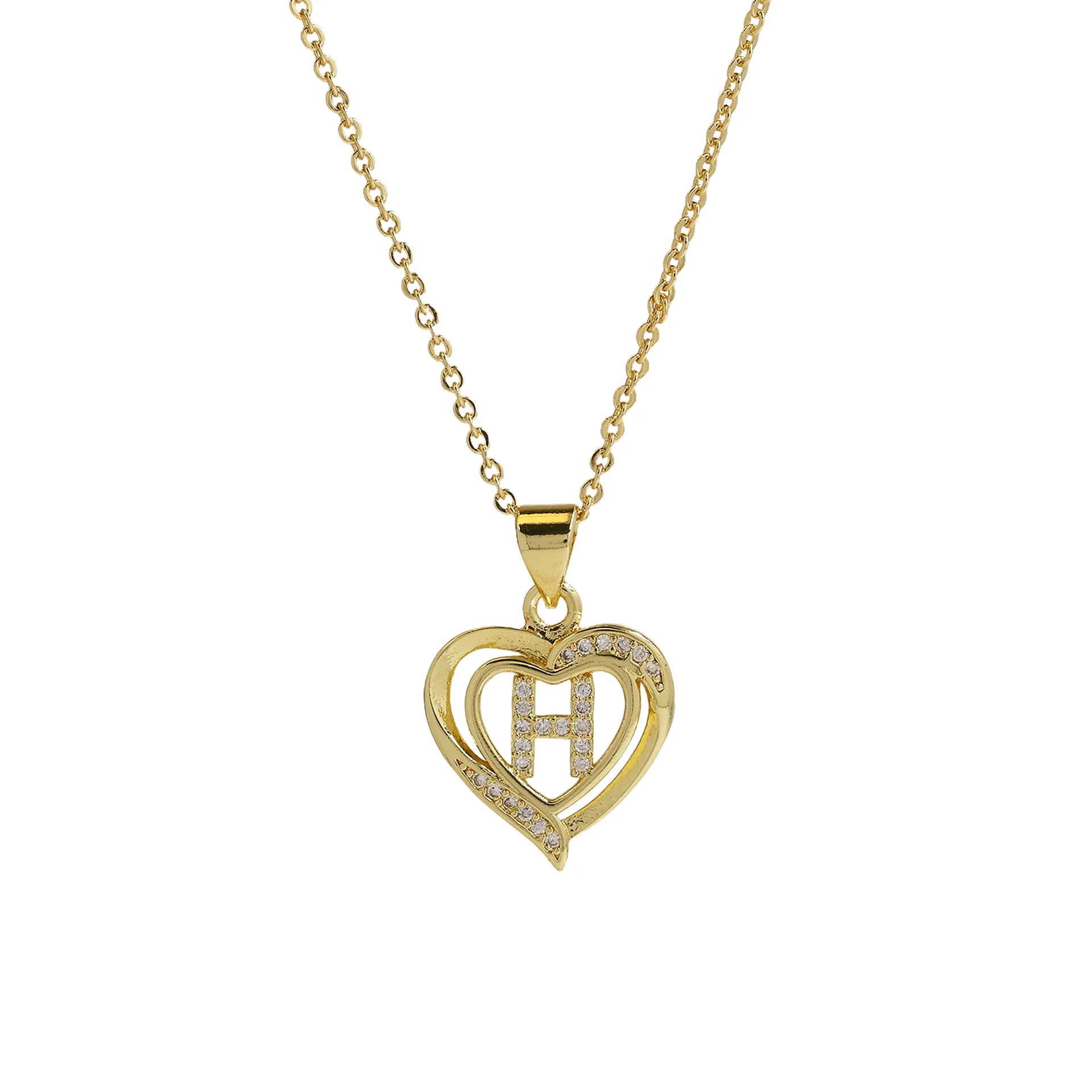 A-Z English Letter Initial Necklace Gold Color Plated Necklace Micro Setting Zircon Heart Necklace for Women