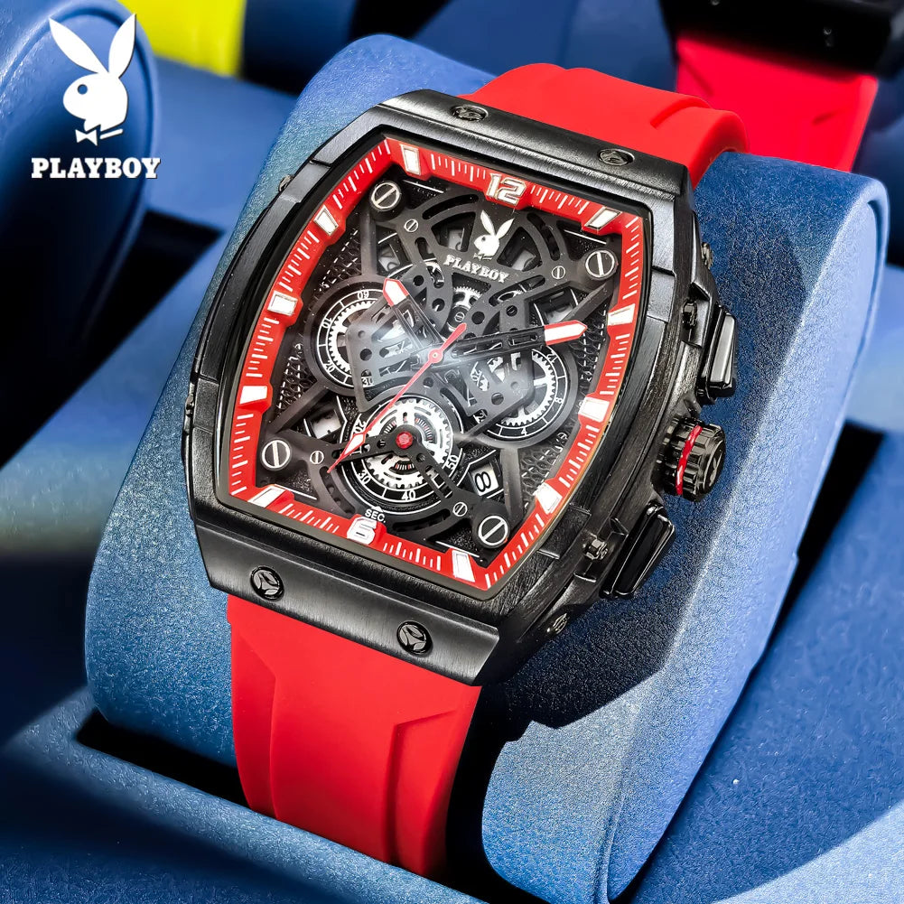 PLAYBOY Watches Man Waterproof Luminous Tonneau Skeleton Quartz Wristwatch Watches For Man Original Business Luxury 3087
