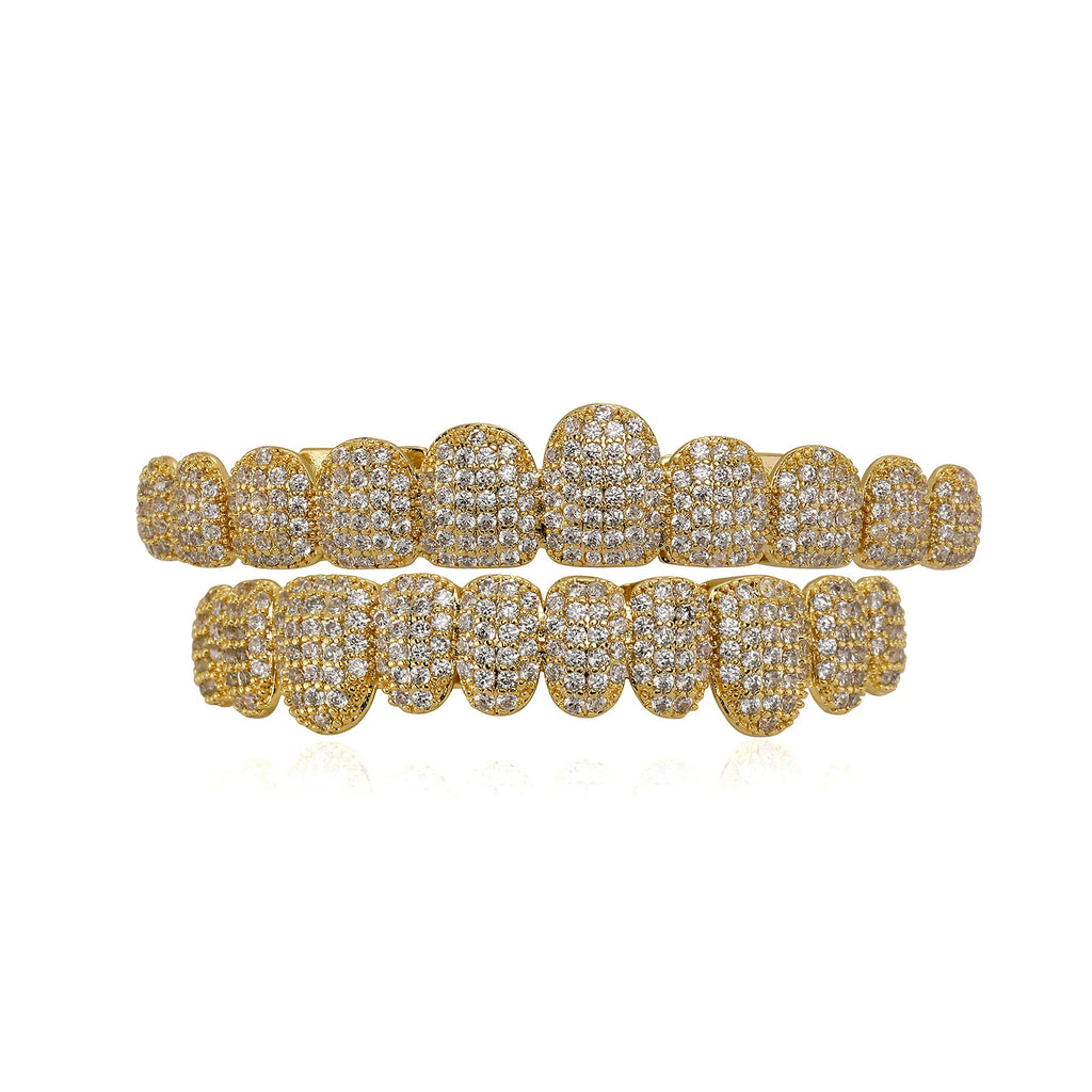 TOPGRILLZ Iced Out 10 Top &10 Bottom 5A CZ Stones Teeth Grillz Punk Rapper 14K Gold Plated Zircon Tooth Caps For Mouth Jewelry