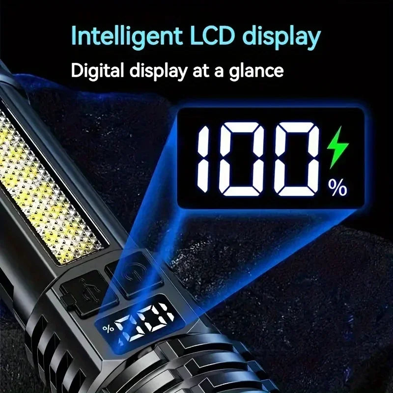 High Power LED Flashlight Portable Zoom Torch Type-C Rechargeable Waterproof Light with COB Side Lamp for Outdoor Camping Hiking