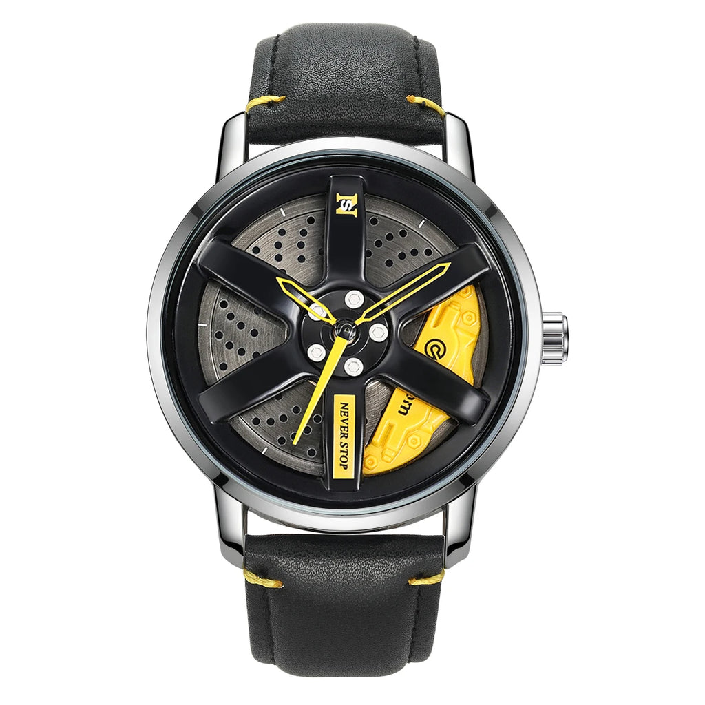 NS Men's Car wheel hub watch Minimalist Fashion Sports Watch Calendar Leather casual Quartz watch