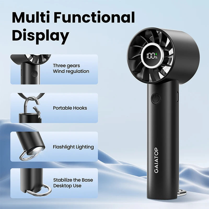 GAIATOP Portable Mini Fan, Handheld Fan with LED Display & Flashlight, 3 Speeds 2000mAh USB Rechargeable Battery Fan