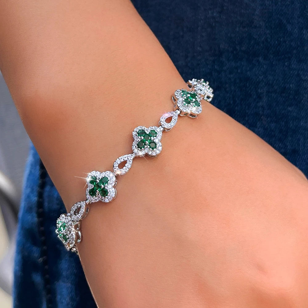 ThreeGraces Elegant Shiny Green Cubic Zirconia Flower Shape Bridal Wedding Party Link Chain Bracelet for Women Jewelry BR448