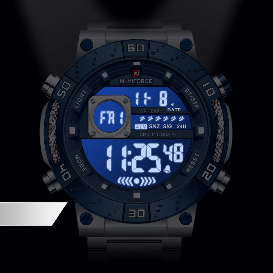 NAVIFORCE Men's Watch Luxury Night Light Watch Business Waterproof Stainless Steel Strap LCD Digital Display Movement Boy Clock