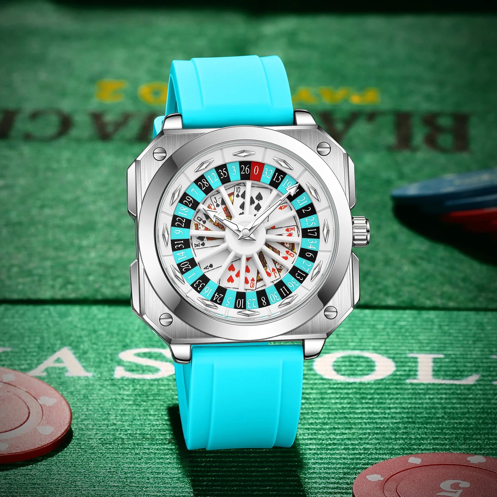 VA VA VOOM Brand Quartz Movement Men Watch 42mm Square Silver Black Silicone Clock Creative Rotating Compass Military Men Watch