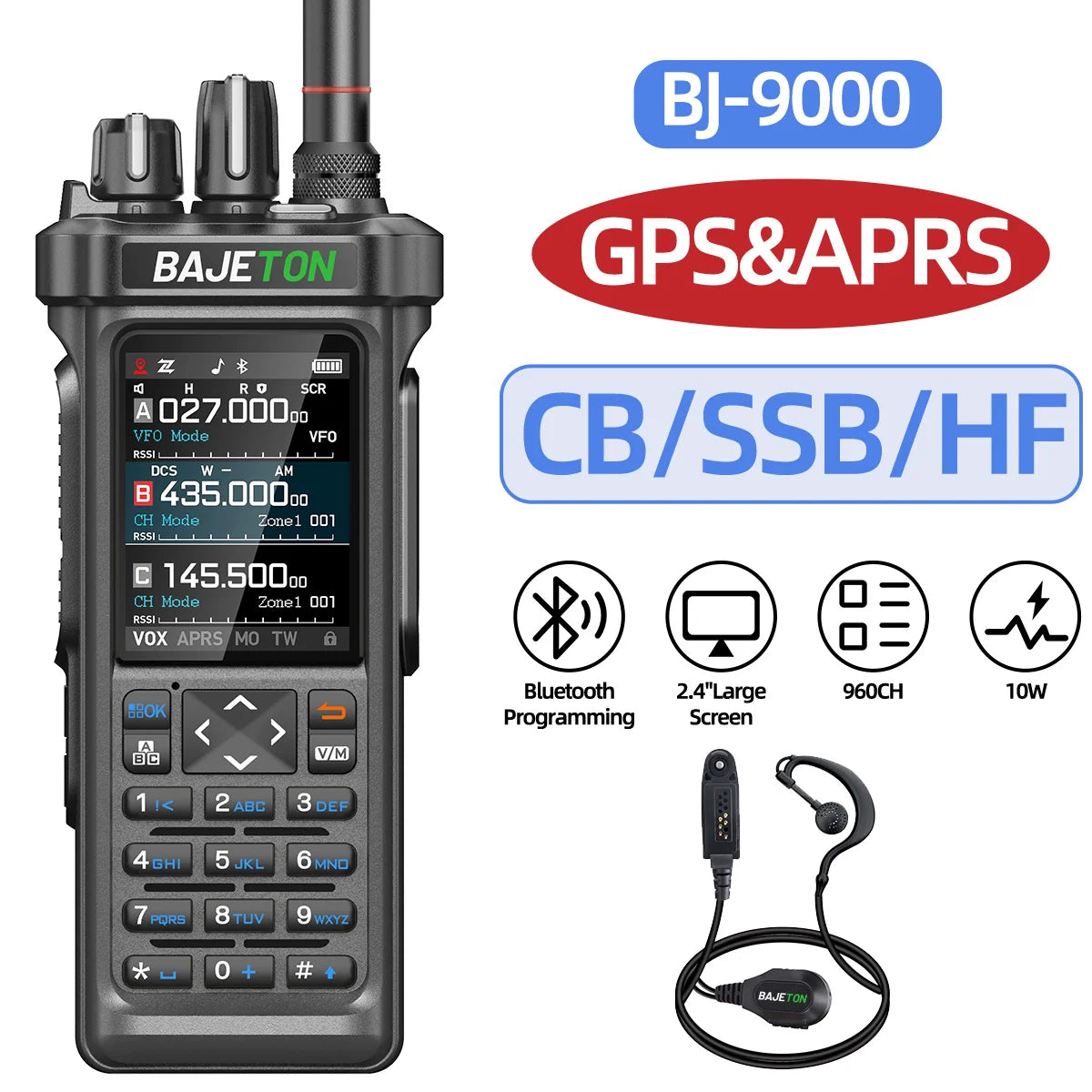 BAJETON BJ-9000 GPS APRS Walkie Talkie 10W CB 27Mhz CB/SSB/HF Bluetooth Programming NOAA ShortWave For RT-950PRO RT-950 Radio