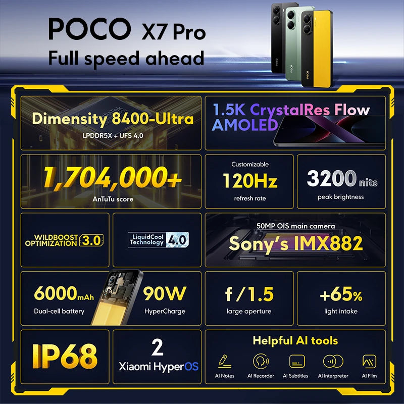 POCO X7 Pro 5G NFC Global Version Cellphone 90W HyperCharge Dimensity 8400-Ultra 6.67‘’ 1.5K 120Hz Display IP68 50MP OIS Camer