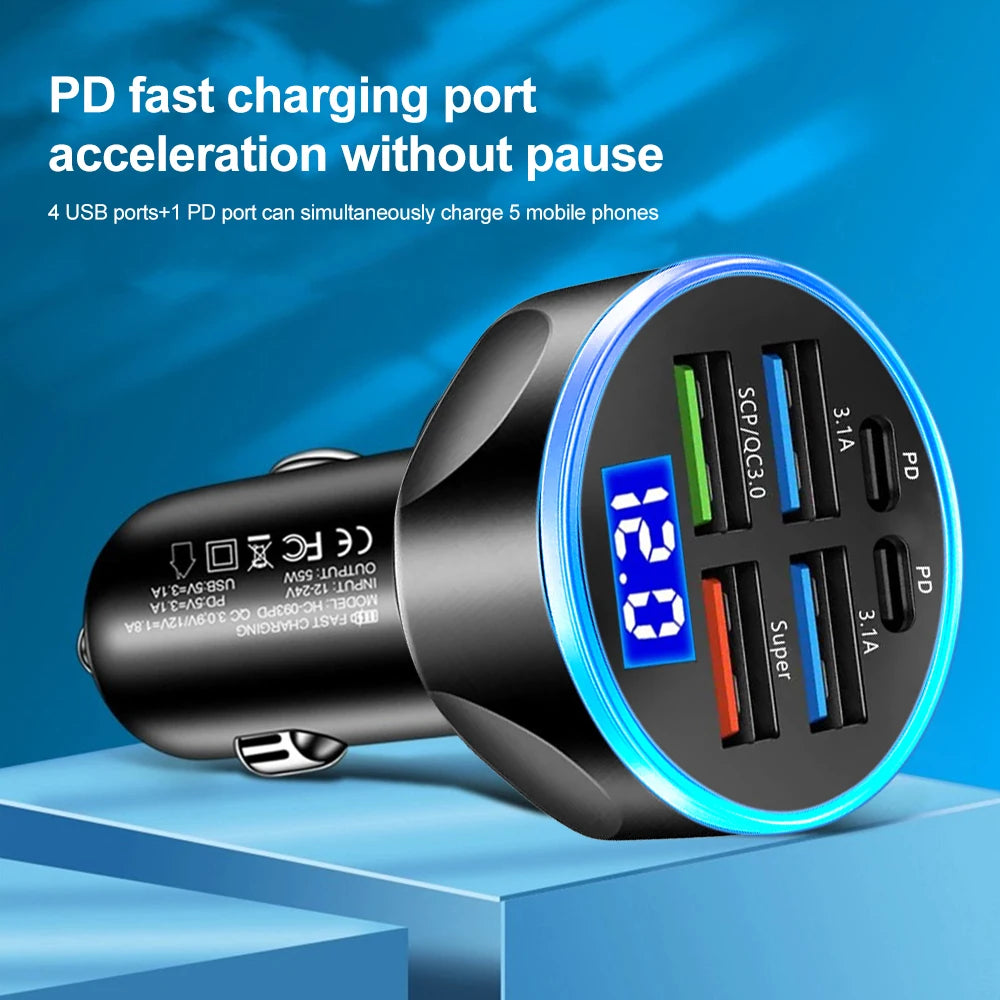 250W PD Car Charger QC3.0 Fast Charge 6-in-1 Car Cigarette Lighter Plug 6 Port Car Charger Flash Charge with Digital Display ﻿