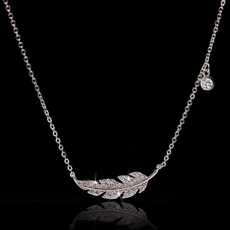 Delicate Female Clavicle Chain 925 Stamp Sterling Silver Feather Leaf Micro Pave Dazzling AAA Zircon Pendant Necklace for Women