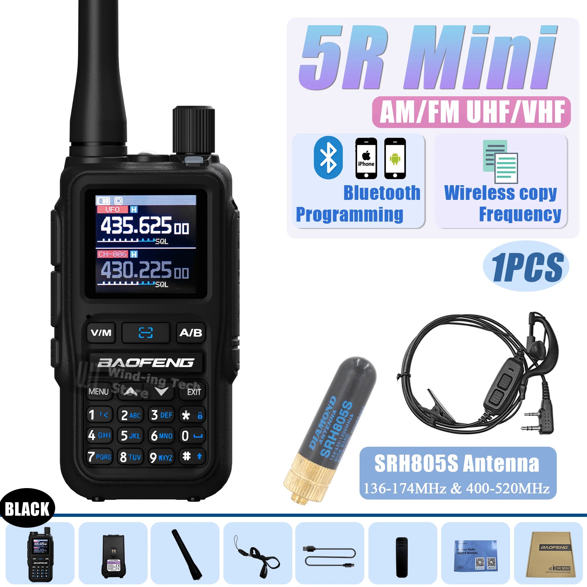 Baofeng UV 5R Mini Walkie Talkie Bluetooth Programming Frequency Hopping Type-C Jack Multiple Colors Dual PTT Camping Ham Radios