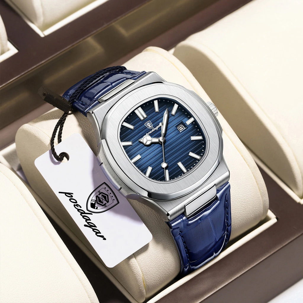POEDAGAR Top Square Man Watch Date Waterproof Luminous Luxury Men Wristwatch High Quality Leather Men's Quartz Watches+Box Reloj