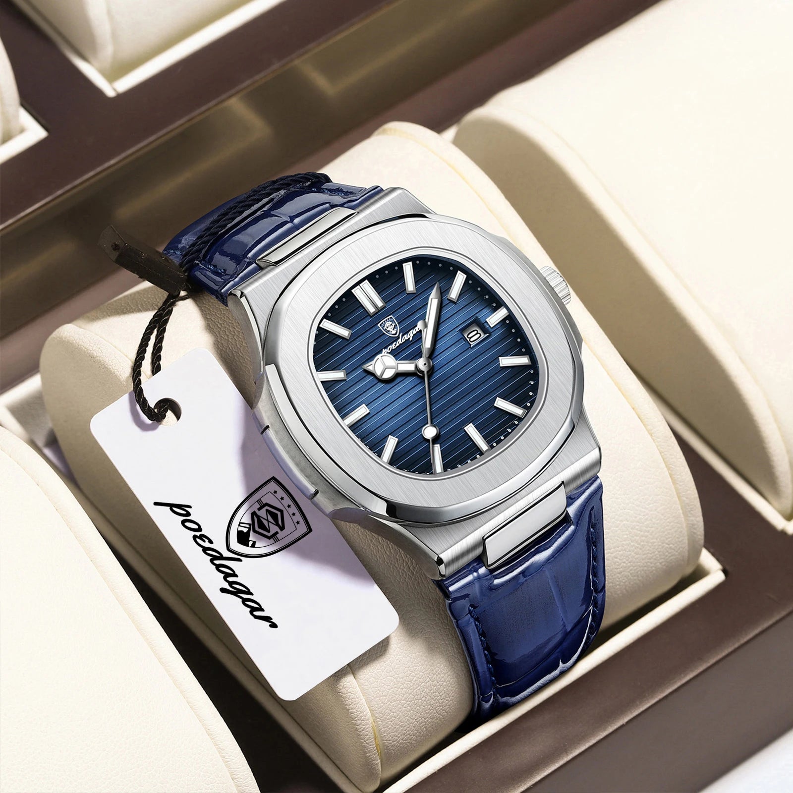POEDAGAR Top Square Man Watch Date Waterproof Luminous Luxury Men Wristwatch High Quality Leather Men's Quartz Watches+Box Reloj
