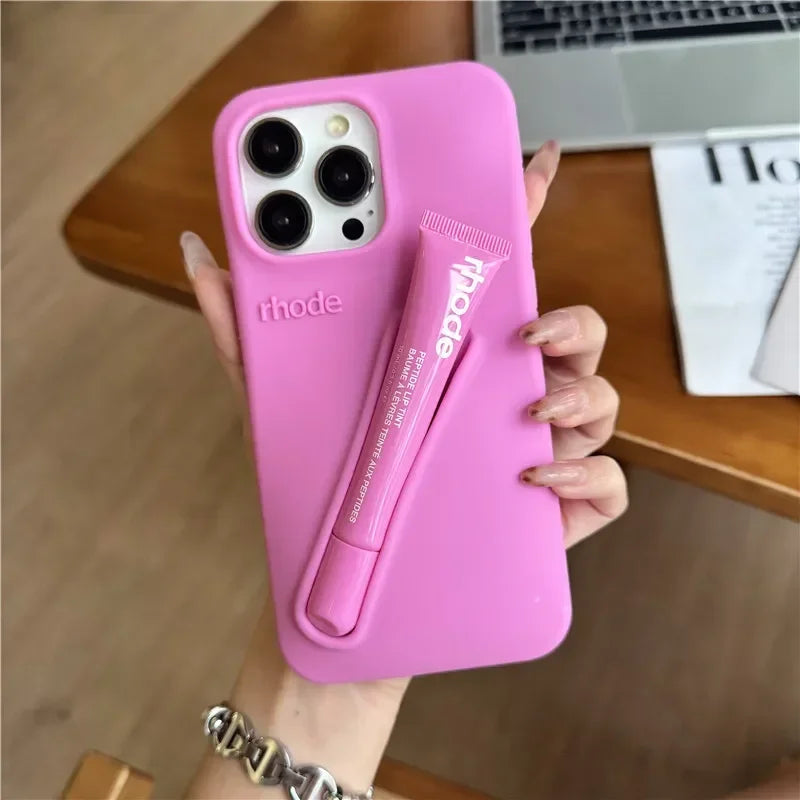 For iPhone 16 12 13 14 15 11 Pro Max Plus 17 Fashion Rhode Phone Case Gray Toast Espresso Ribbon Lip Gloss Holder Silicone Cover