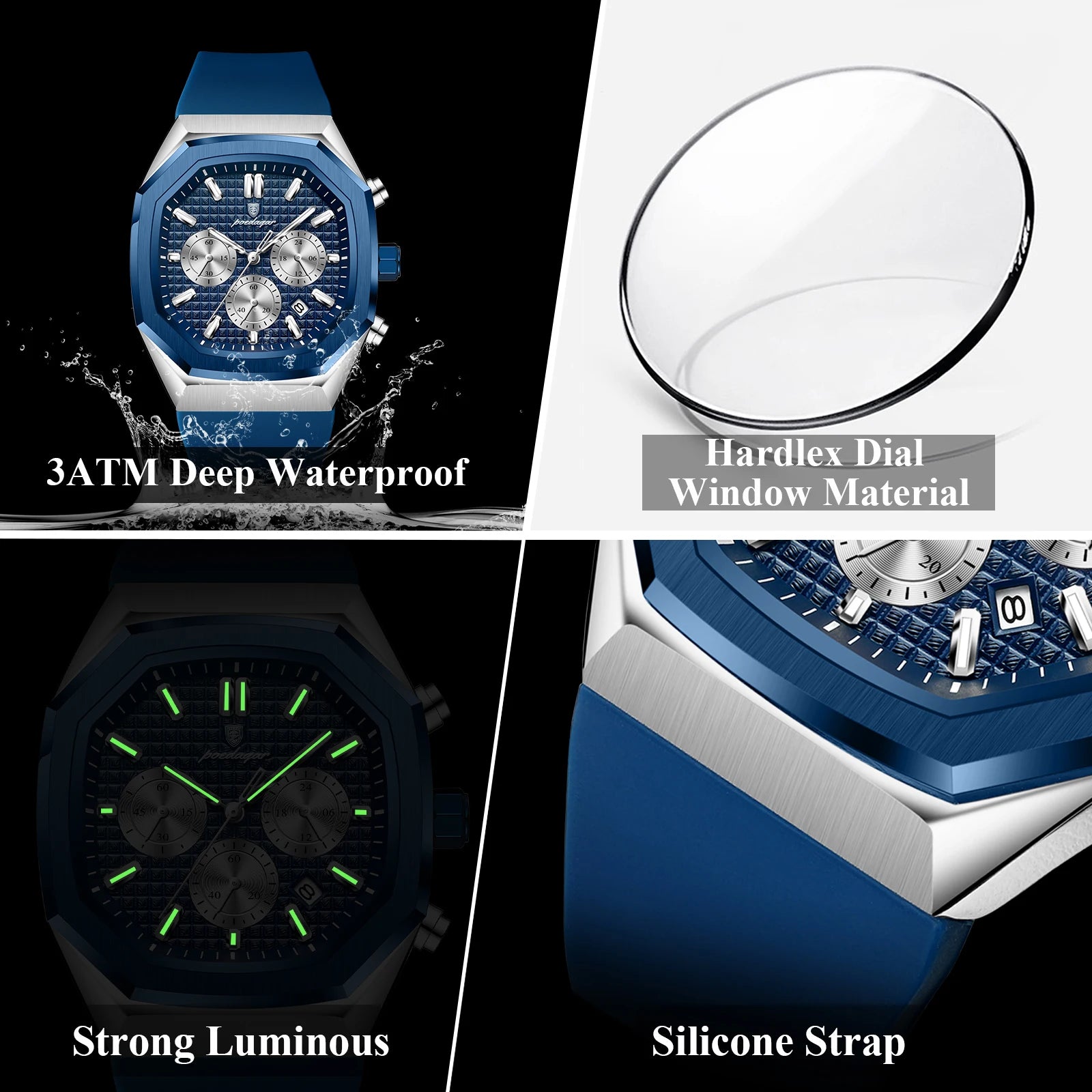 POEDAGAR Business Men's Watch Chronograph Date Silicone Strap Quartz Man Watch Waterproof Luminous Fashion Watches For Men Reloj