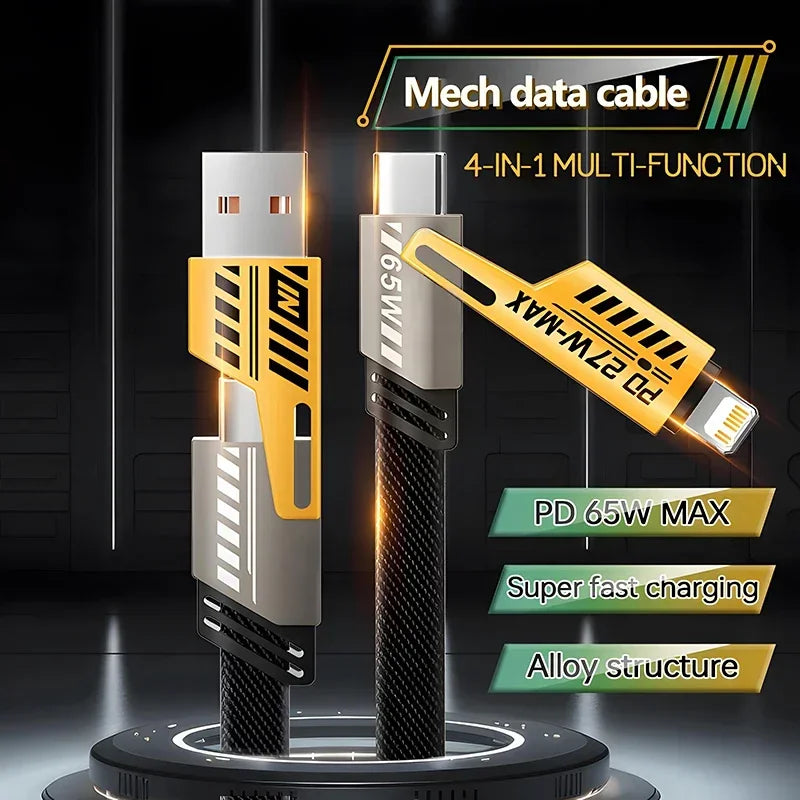 4-in-1 Mecha Fast Charging Cable – 65W USB-C Multi-Port for iPhone, Samsung, Xiaomi & Huawei