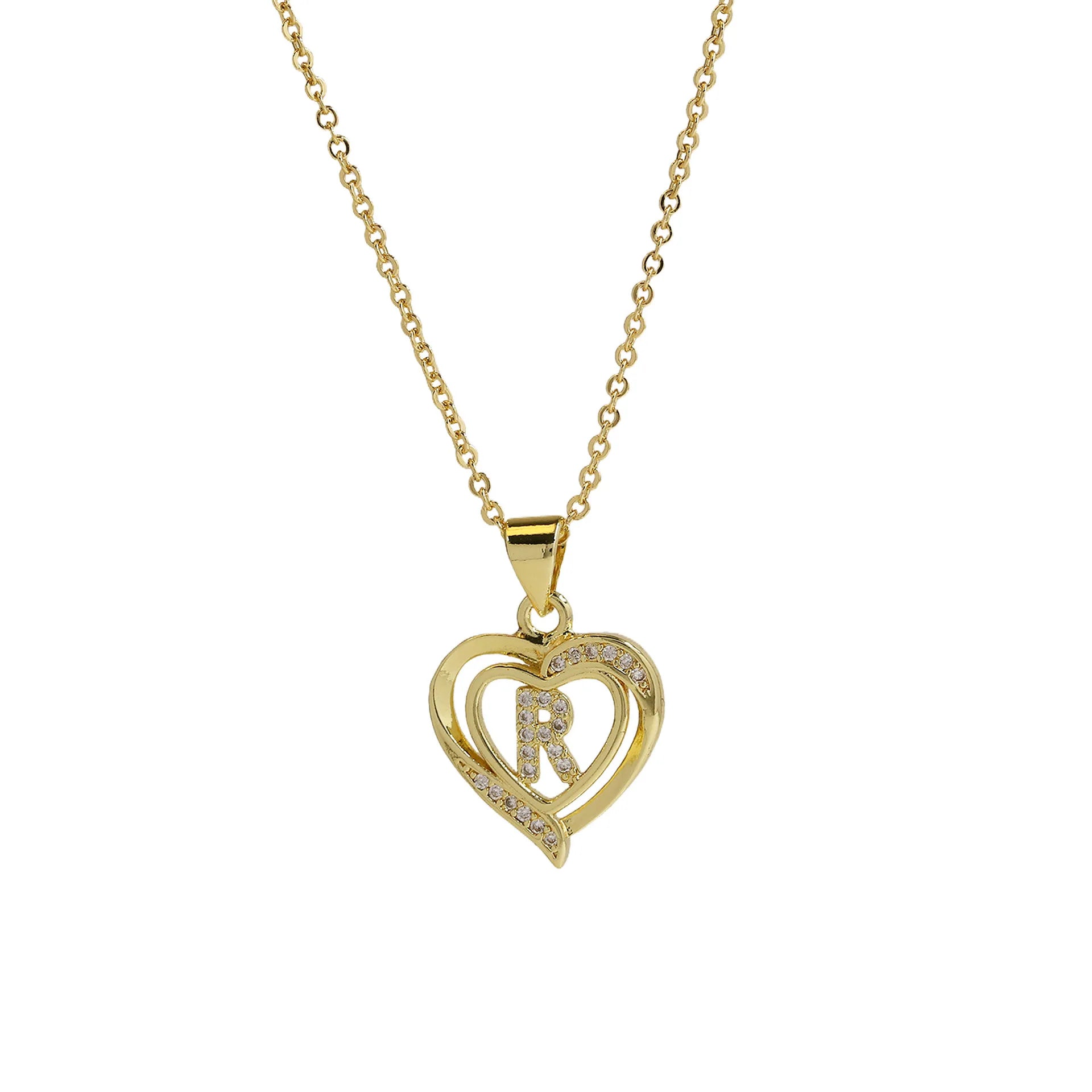 A-Z English Letter Initial Necklace Gold Color Plated Necklace Micro Setting Zircon Heart Necklace for Women