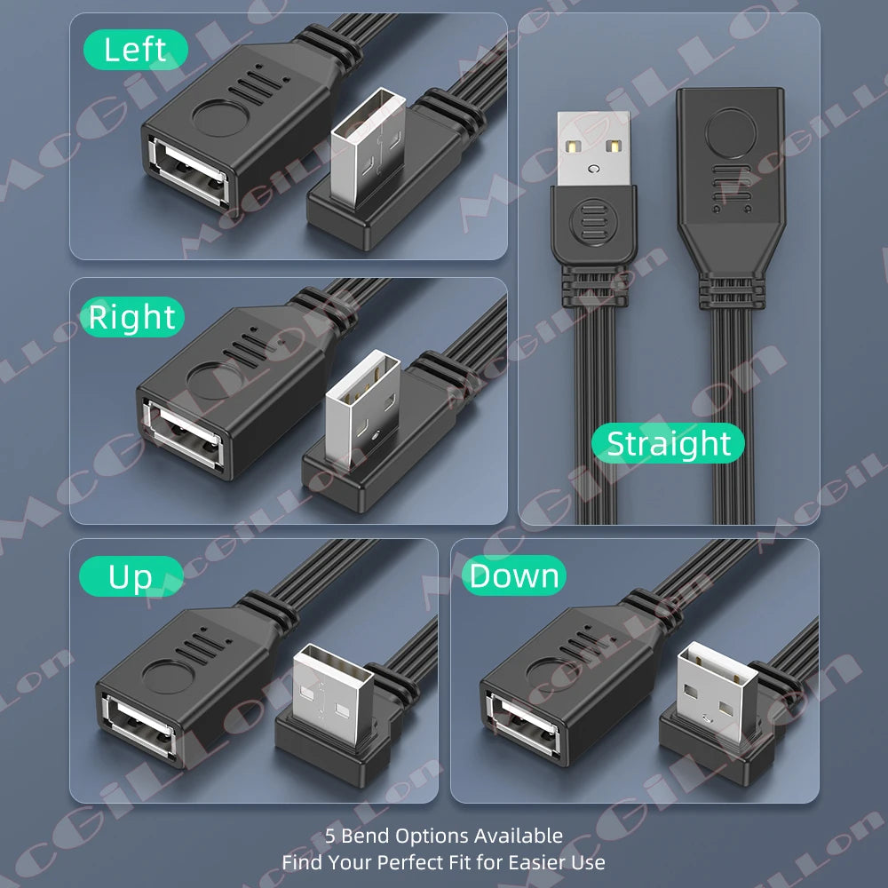 USB Extension Cable Elbow 90 Degree Angle Soft Silicone Flat Cable USB A Male to Female Extension Adapter Cable for Laptop Phone